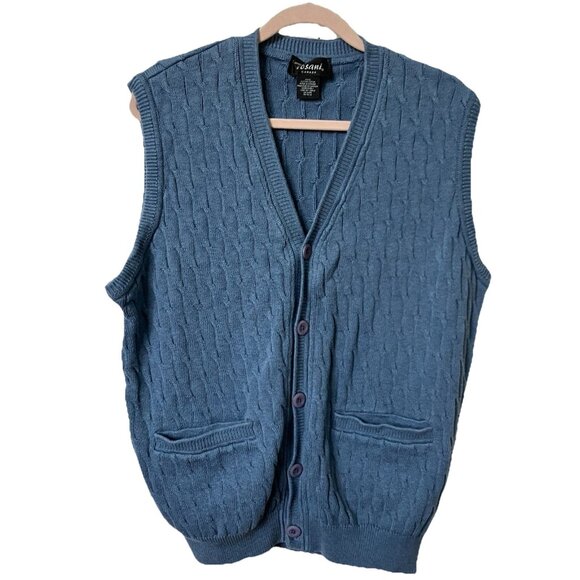 Vintage Tosani Sweater Vest Mens Grandpa Blue Knit Made in Canada Textured Prep - Picture 1 of 7